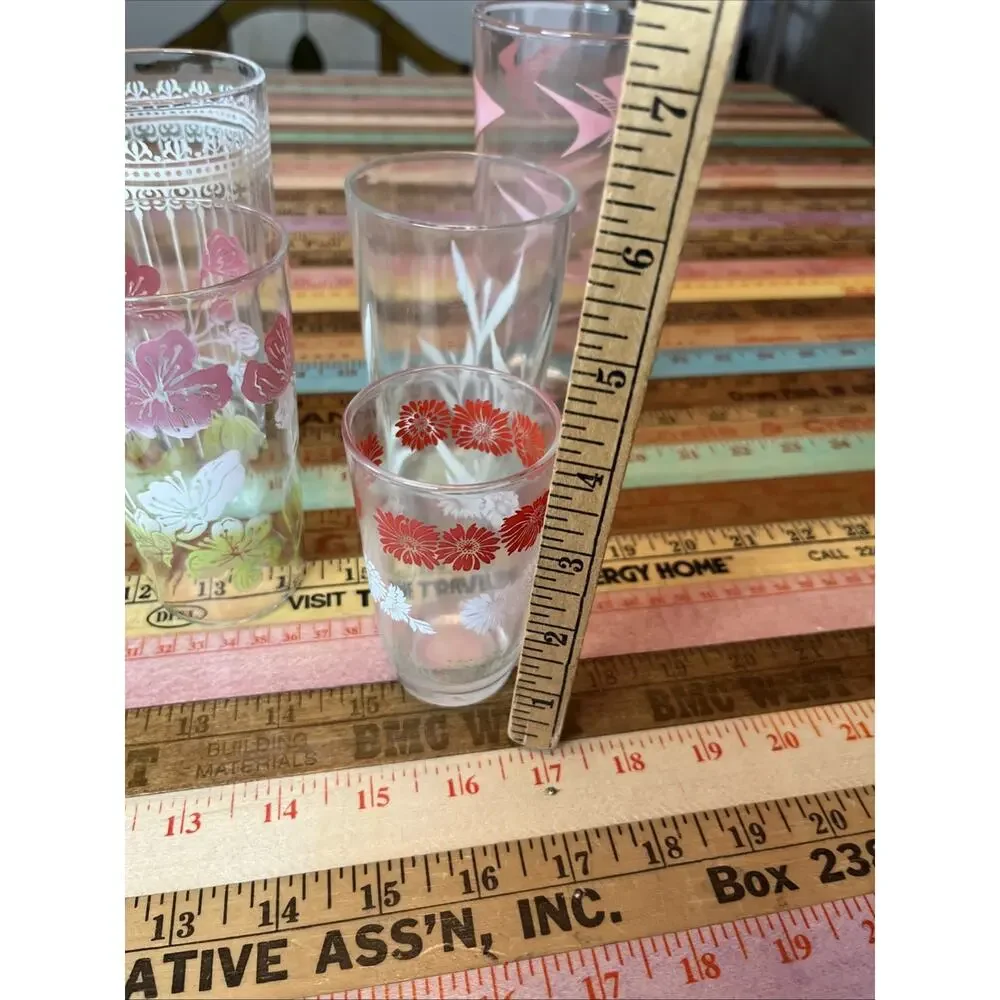 Vintage Floral Drinking Glass Lot of 6 Vintage Retro 60s MCM Tumblers Flowers